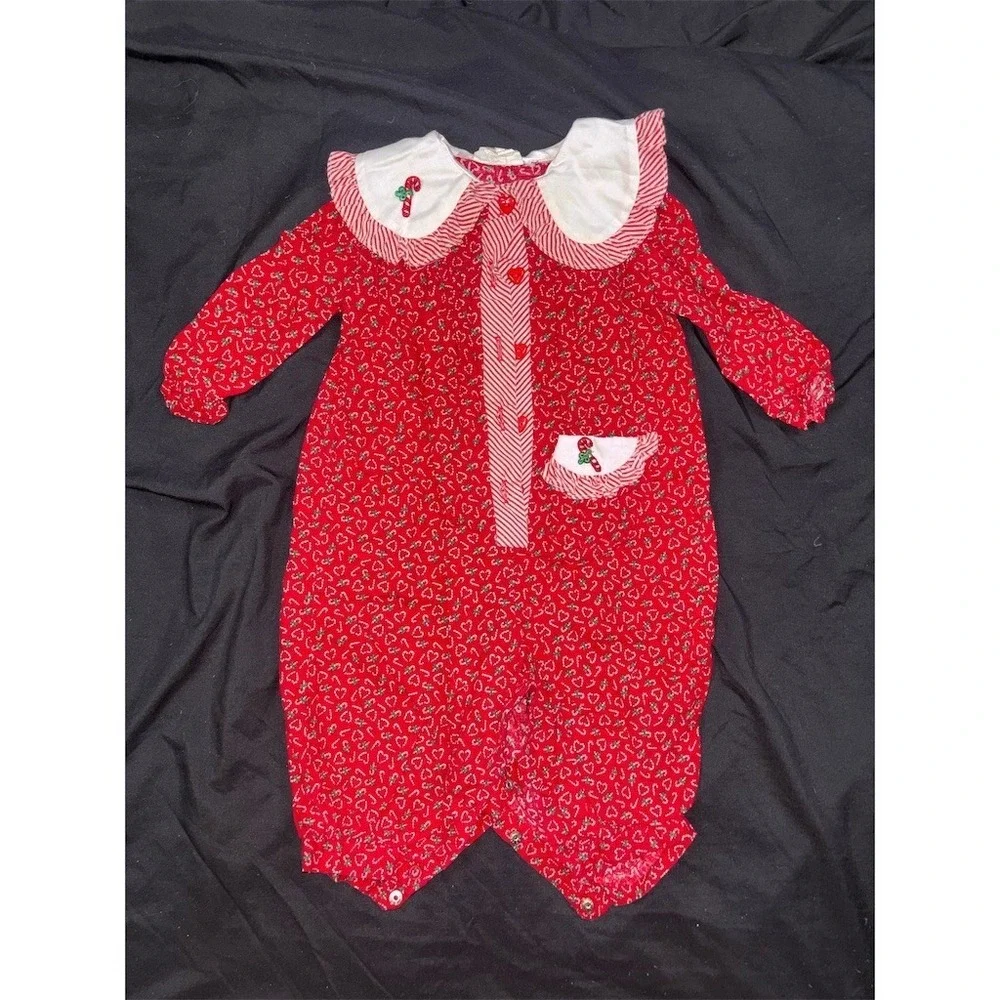Vintage Bryan Baby Girl Romper 12M Red Candy Cane Print Christmas One Piece
